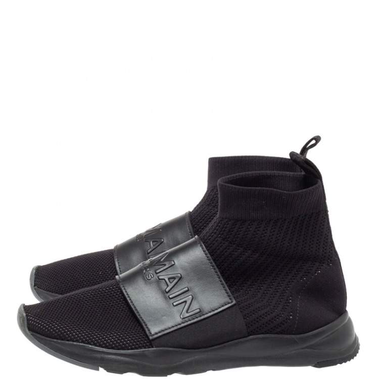 Pre Owned Balmain Black Knit Fabric And Leather Cameron Sock Sneakers Size 42