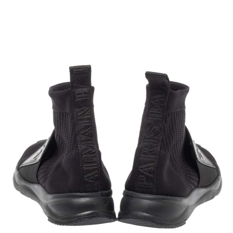 Pre Owned Balmain Black Knit Fabric And Leather Cameron Sock Sneakers Size 42