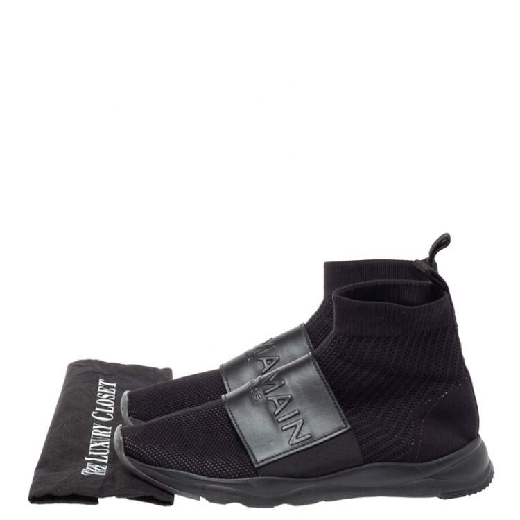Pre Owned Balmain Black Knit Fabric And Leather Cameron Sock Sneakers Size 42