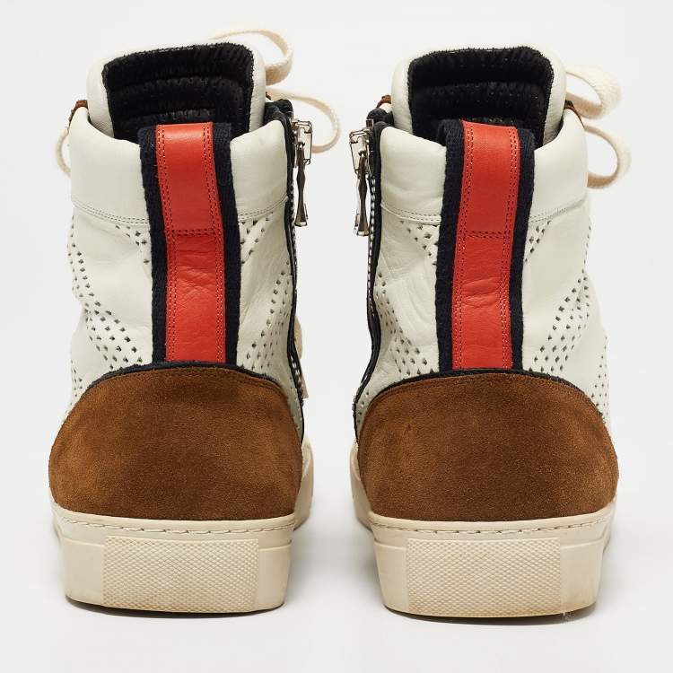 Pre Owned Balmain Multicolor Perforated Leather, Suede and Canvas High-Top Sneakers Size 42