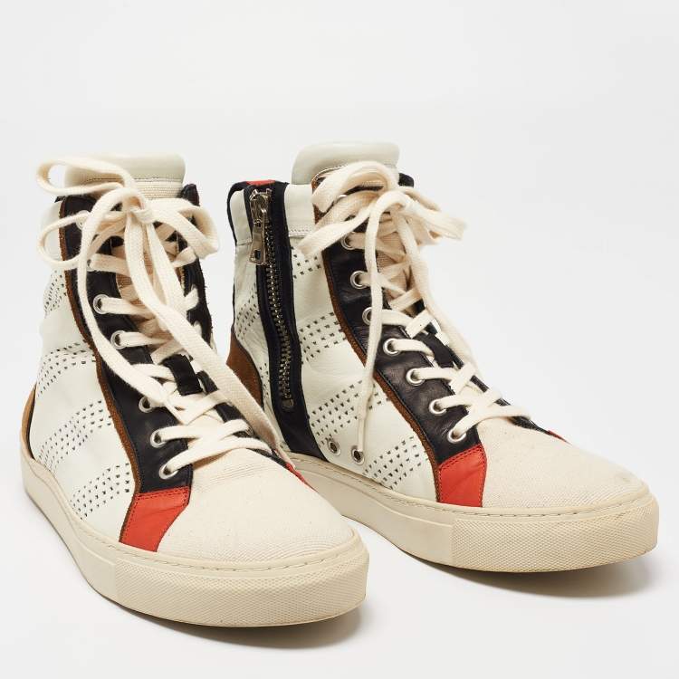 Pre Owned Balmain Multicolor Perforated Leather, Suede and Canvas High-Top Sneakers Size 42
