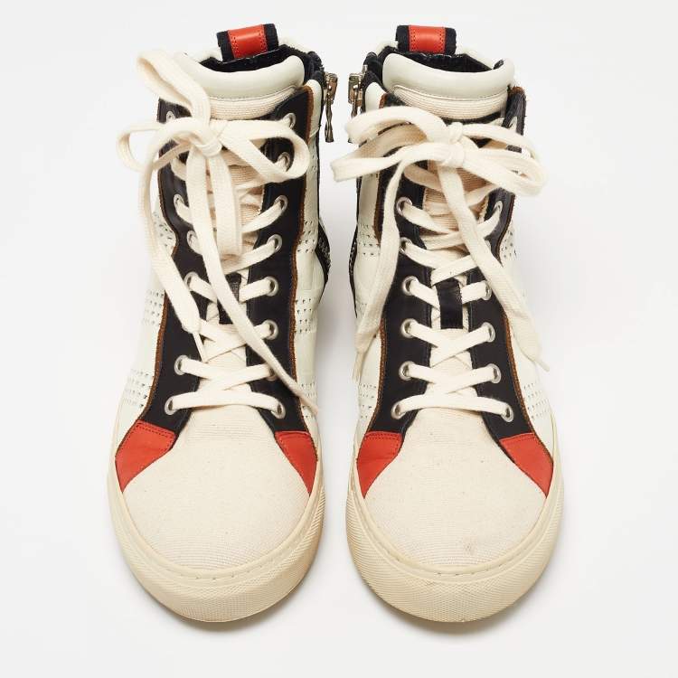 Pre Owned Balmain Multicolor Perforated Leather, Suede and Canvas High-Top Sneakers Size 42