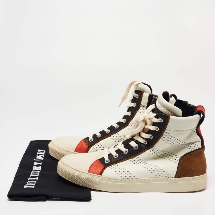 Pre Owned Balmain Multicolor Perforated Leather, Suede and Canvas High-Top Sneakers Size 42
