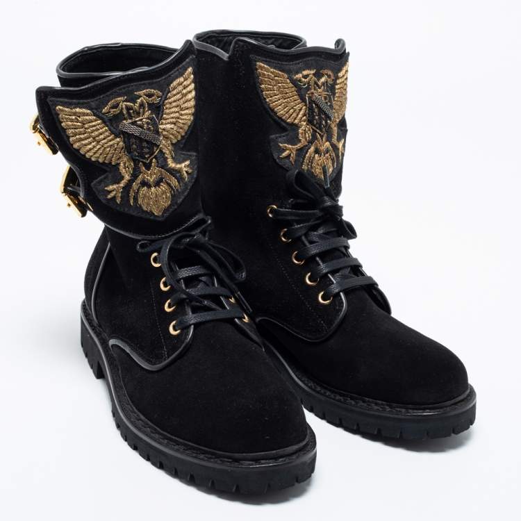 Pre Owned Balmain Black Suede Eagle Combat Boots Size 41