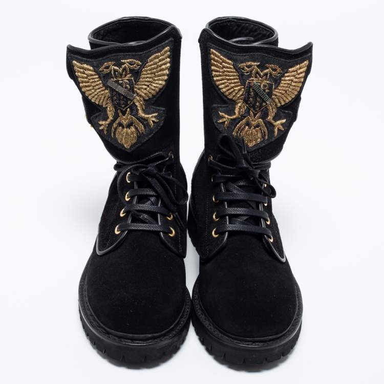 Pre Owned Balmain Black Suede Eagle Combat Boots Size 41