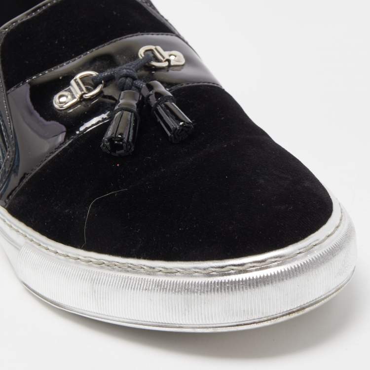 Pre Owned Balmain Black Velvet and Patent Leather Fringe Slip On Sneakers Size 46