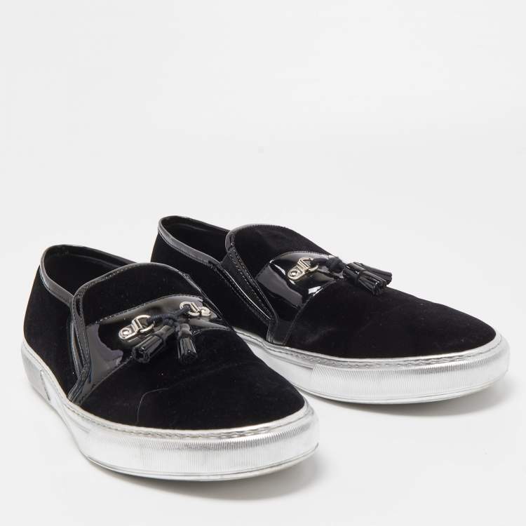 Pre Owned Balmain Black Velvet and Patent Leather Fringe Slip On Sneakers Size 46
