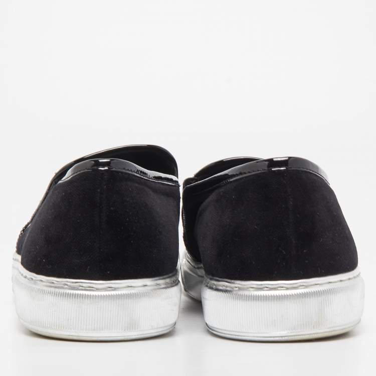Pre Owned Balmain Black Velvet and Patent Leather Fringe Slip On Sneakers Size 46