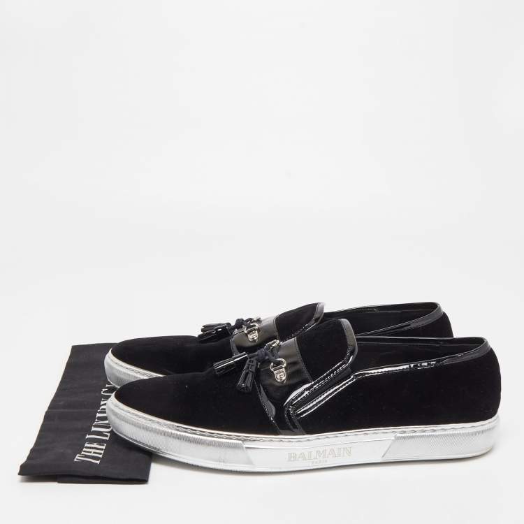Pre Owned Balmain Black Velvet and Patent Leather Fringe Slip On Sneakers Size 46