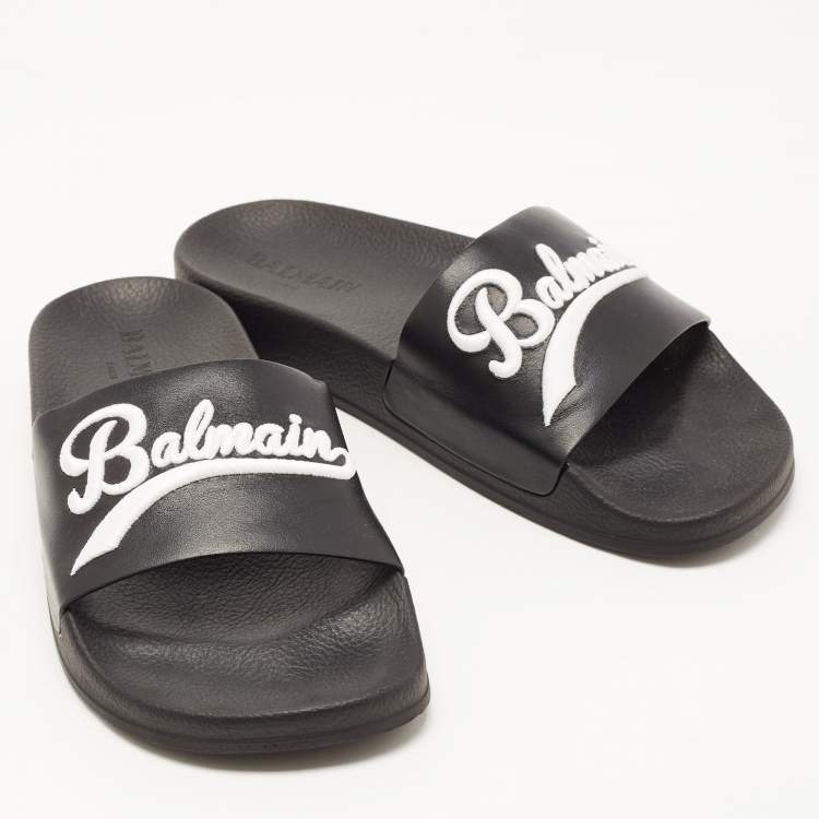 Pre Owned Balmain Black Logo Embroidered Leather Pool Slides Size 40