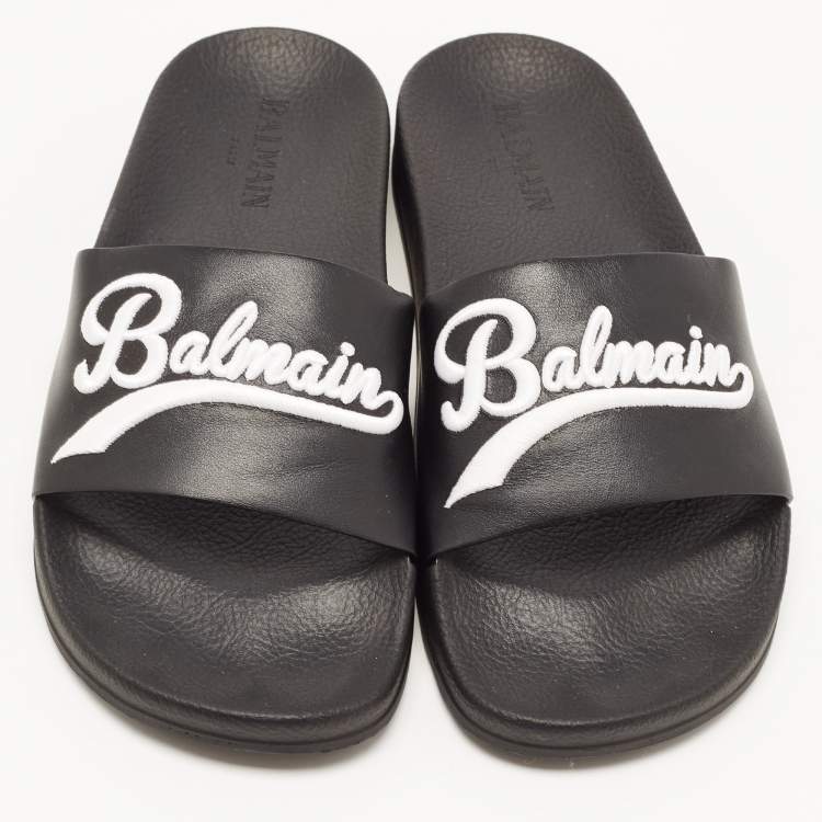 Pre Owned Balmain Black Logo Embroidered Leather Pool Slides Size 40