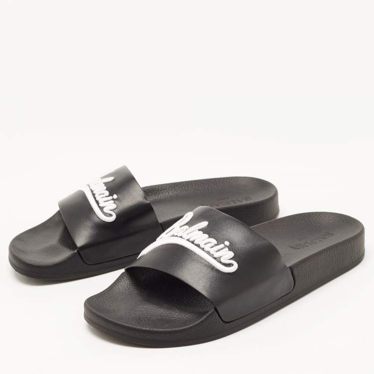 Pre Owned Balmain Black Logo Embroidered Leather Pool Slides Size 40