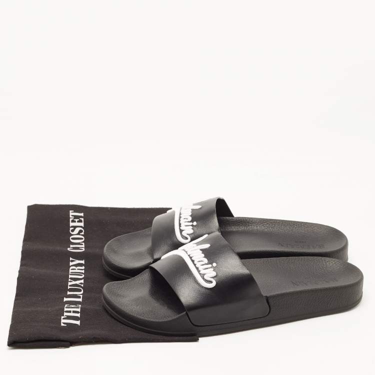 Pre Owned Balmain Black Logo Embroidered Leather Pool Slides Size 40