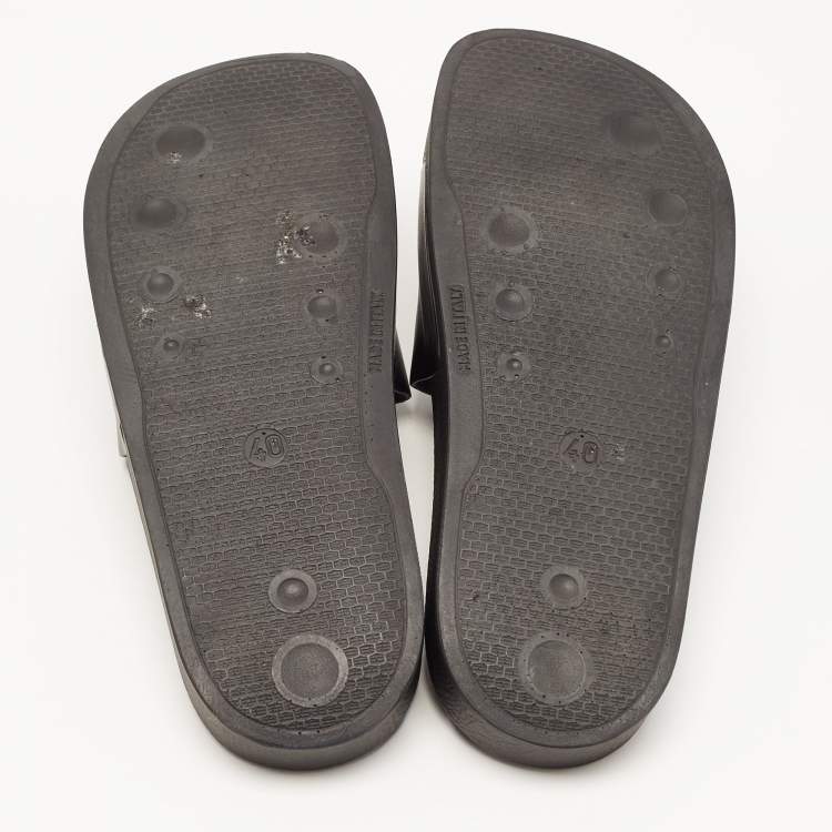 Pre Owned Balmain Black Logo Embroidered Leather Pool Slides Size 40