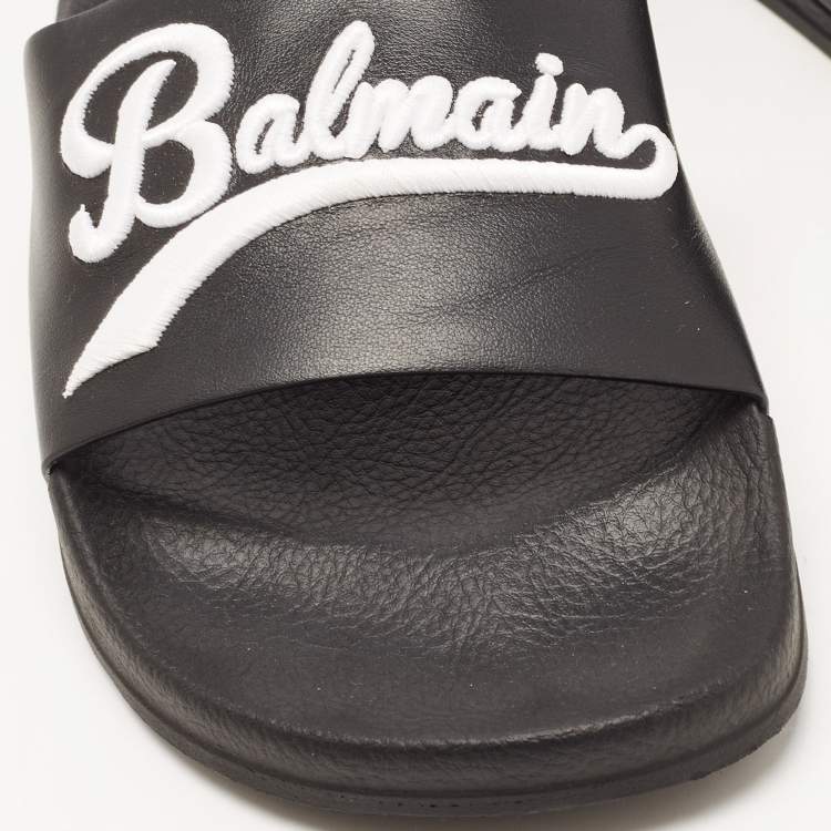 Pre Owned Balmain Black Logo Embroidered Leather Pool Slides Size 40