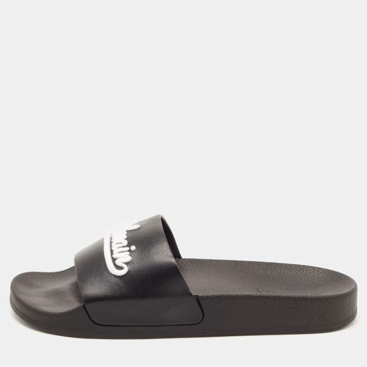 Pre Owned Balmain Black Logo Embroidered Leather Pool Slides Size 40