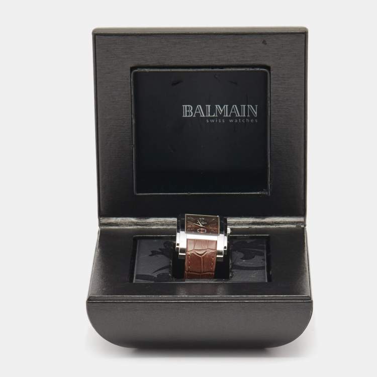 Pre Owned Balmain Brown Stainless Steel Leather B2721.52.54 Men's Wristwatch 32 mm