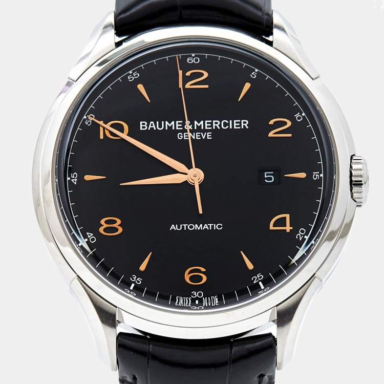 Pre Owned Baume & Mercier Black Stainless Steel Alligator Leather Clifton MOA10366 Men's Wristwatch 45 mm