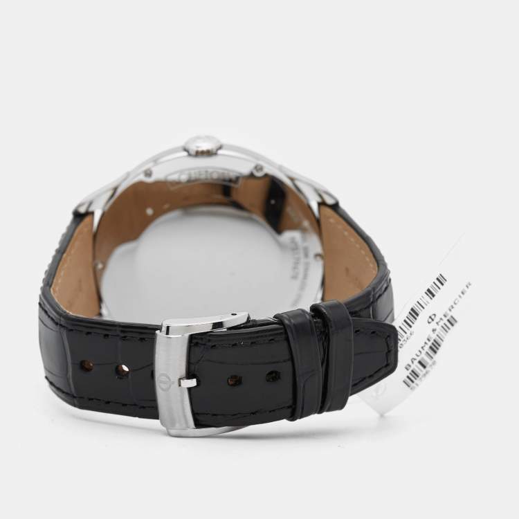 Pre Owned Baume & Mercier Black Stainless Steel Alligator Leather Clifton MOA10366 Men's Wristwatch 45 mm