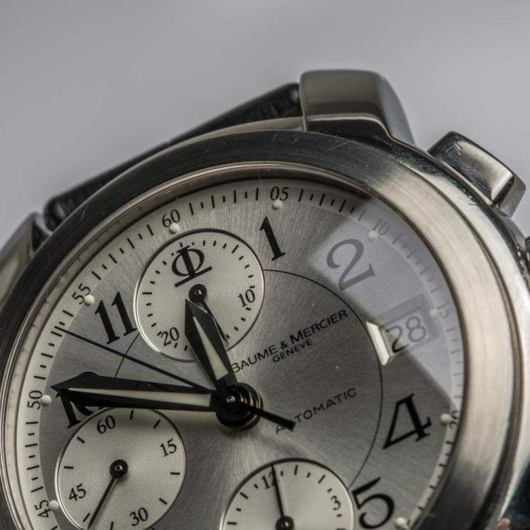 Pre Owned Baume & Mercier Silver Stainless Steel and Alligator Capeland MV045216 Men's Wristwatch 38MM