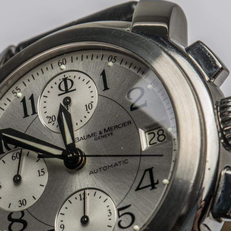 Pre Owned Baume & Mercier Silver Stainless Steel and Alligator Capeland MV045216 Men's Wristwatch 38MM