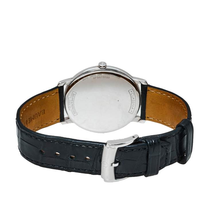 Pre Owned Baume & Mercier White Stainless Steel & Leather Classima Men's Wristwatch 39MM