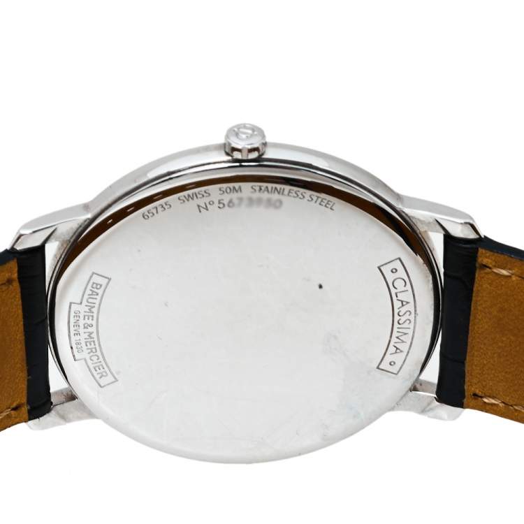 Pre Owned Baume & Mercier White Stainless Steel & Leather Classima Men's Wristwatch 39MM