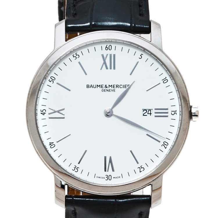 Pre Owned Baume & Mercier White Stainless Steel & Leather Classima Men's Wristwatch 39MM