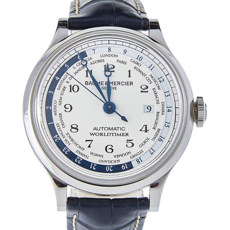 Pre Owned Baume & Mercier White Stainless Steel & Leather Capeland Worldtimer Men's Wristwatch 44mm