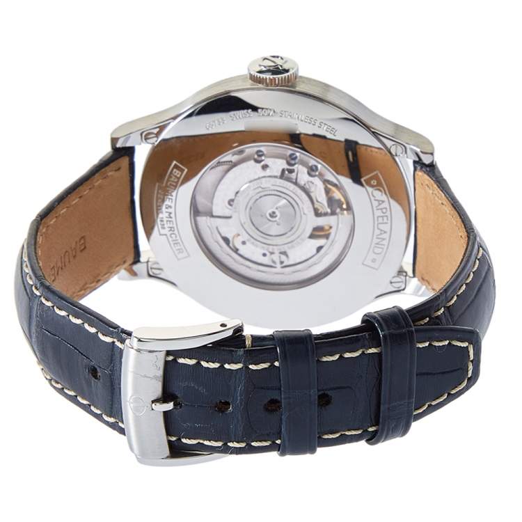 Pre Owned Baume & Mercier White Stainless Steel & Leather Capeland Worldtimer Men's Wristwatch 44mm