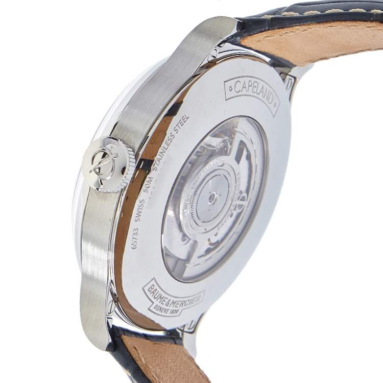 Pre Owned Baume & Mercier White Stainless Steel & Leather Capeland Worldtimer Men's Wristwatch 44mm