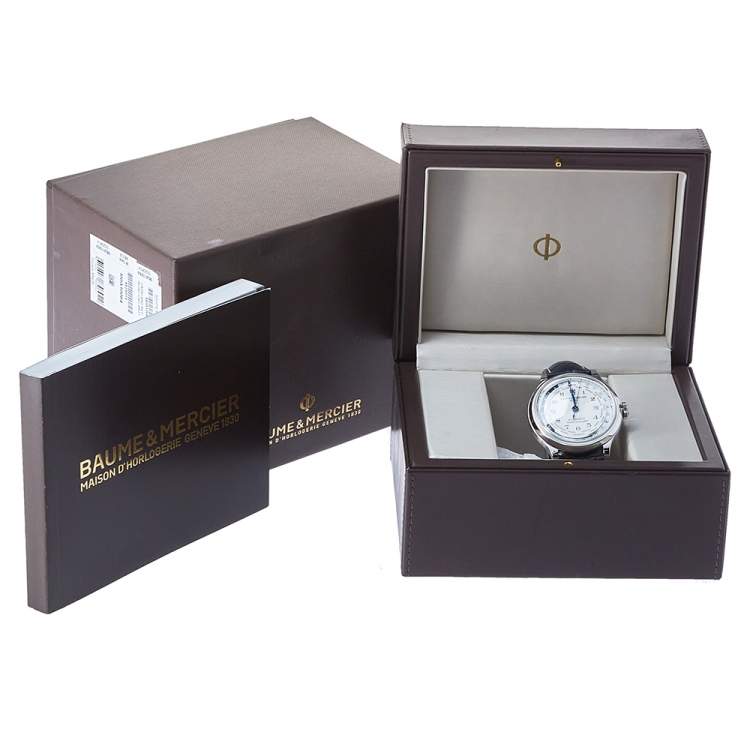 Pre Owned Baume & Mercier White Stainless Steel & Leather Capeland Worldtimer Men's Wristwatch 44mm
