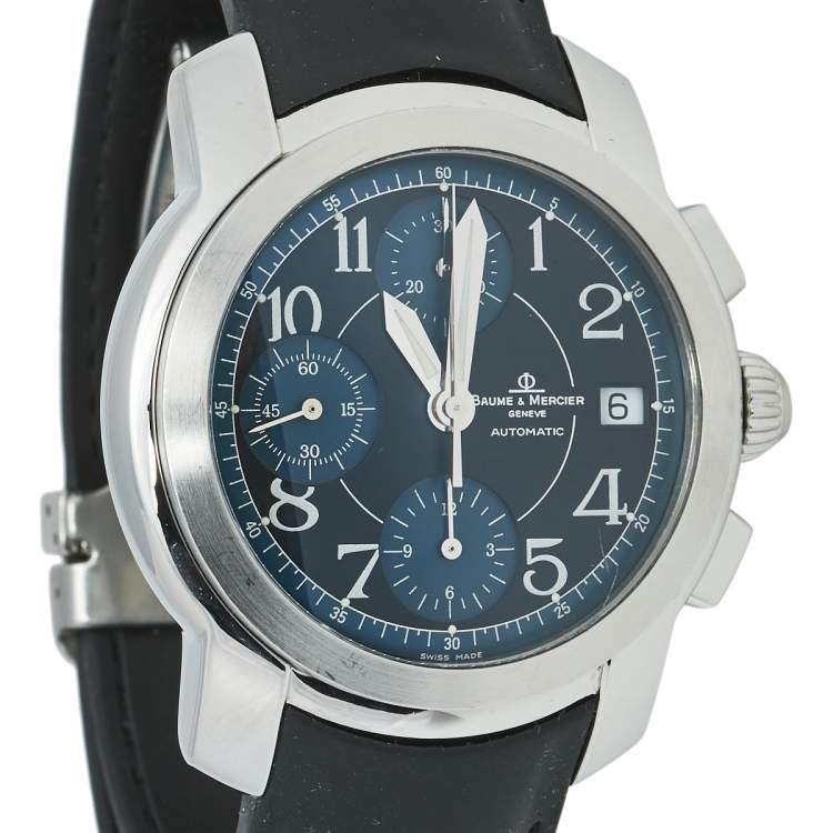 Pre Owned Baume & Mercier Blue Black Stainless Steel Rubber Capeland MV045216 Men's Wristwatch 39 mm 