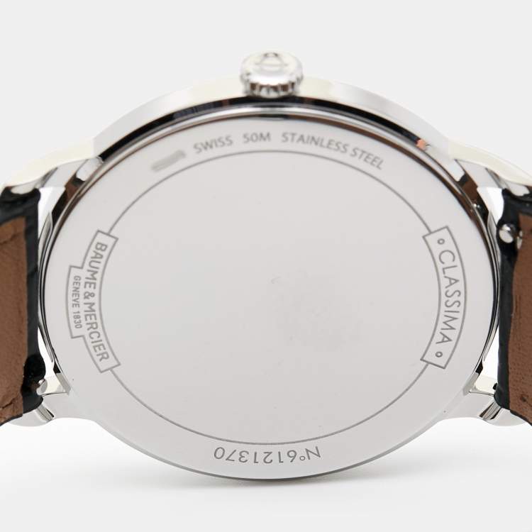Pre Owned Baume & Mercier White Stainless Steel Leather Classima 10323 Men's Wristwatch 40 mm