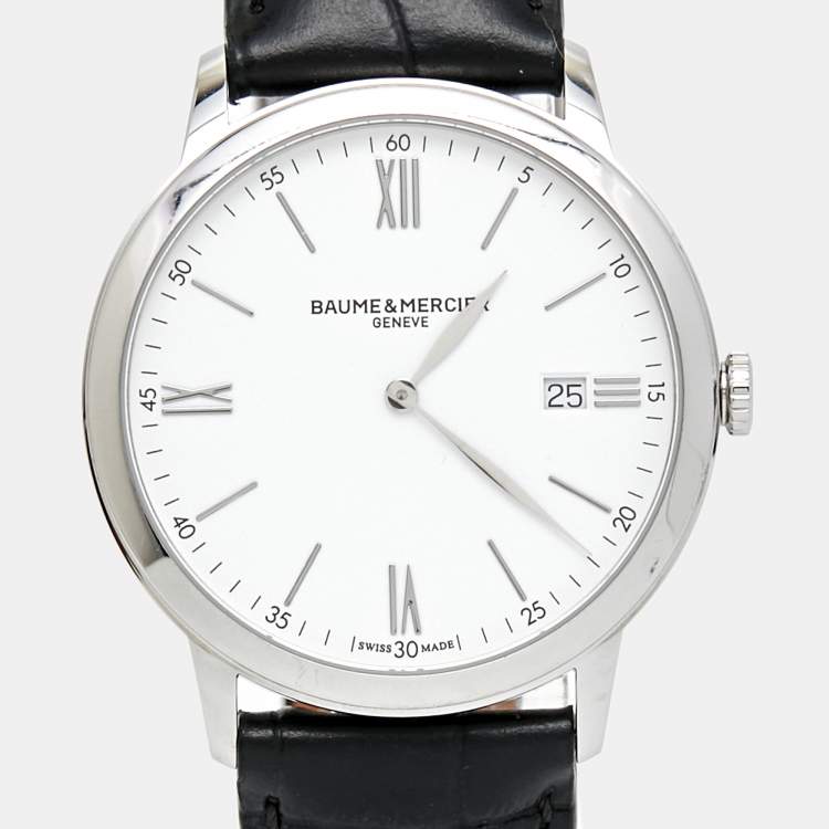 Pre Owned Baume & Mercier White Stainless Steel Leather Classima 10323 Men's Wristwatch 40 mm