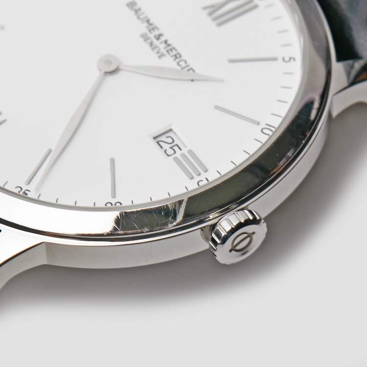 Pre Owned Baume & Mercier White Stainless Steel Leather Classima 10323 Men's Wristwatch 40 mm