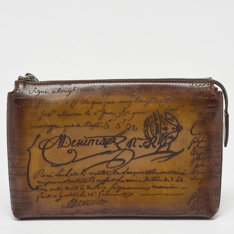 Pre Owned Berluti Olive Green Leather Tiriwa Scritto Pouch
