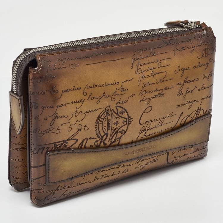Pre Owned Berluti Olive Green Leather Tiriwa Scritto Pouch