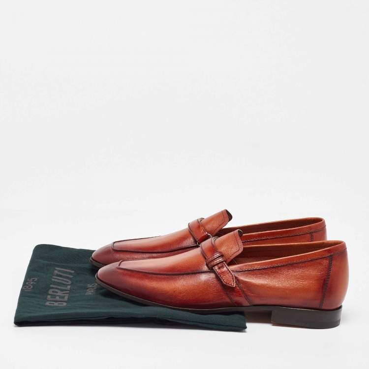Pre Owned Berluti Brown Leather Strap Detail Penny Loafers Size 39.5