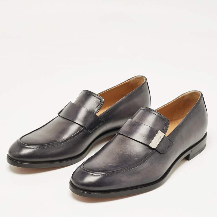 Pre Owned Berluti Grey Leather Penny Loafers Size 40.5