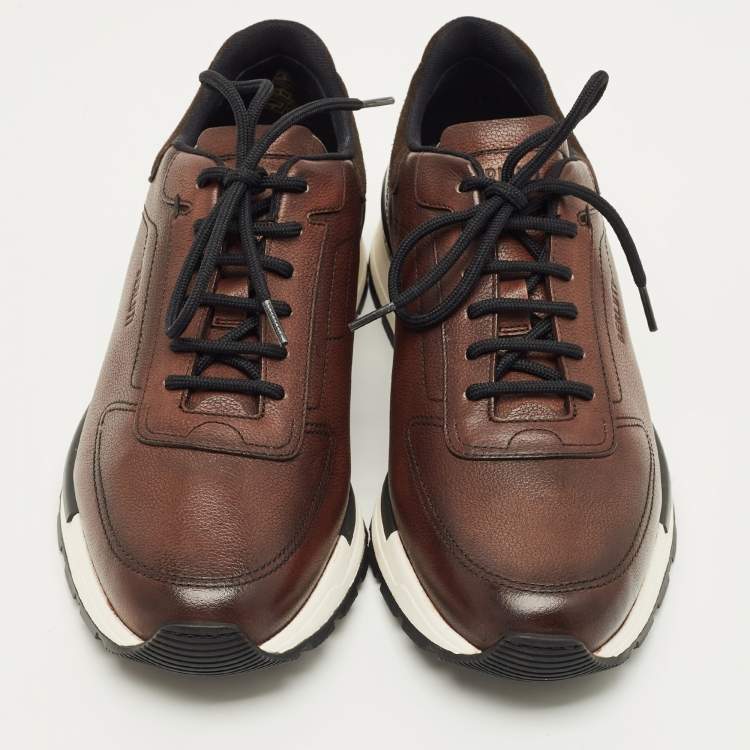 Pre Owned Berluti Run Track Size 41 Brown Leather and Suede Lace Up Sneakers