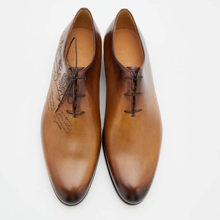 Pre Owned Berluti Brown Leather Alessandro Galet Scritto Lace Up Oxfords Size 43.5