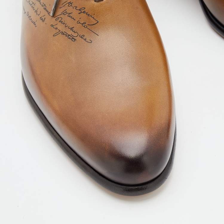Pre Owned Berluti Brown Leather Alessandro Galet Scritto Lace Up Oxfords Size 43.5