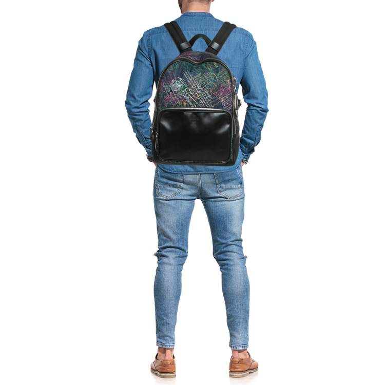 Pre Owned Berluti Black/Multicolor Nylon, Leather and Mesh Printed Backpack