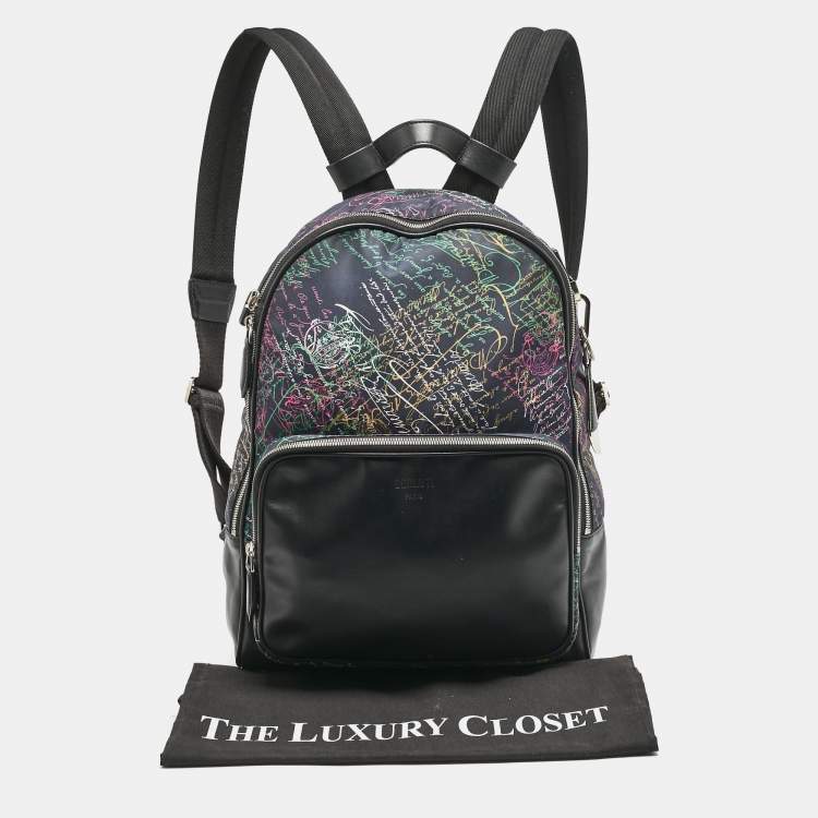 Pre Owned Berluti Black/Multicolor Nylon, Leather and Mesh Printed Backpack