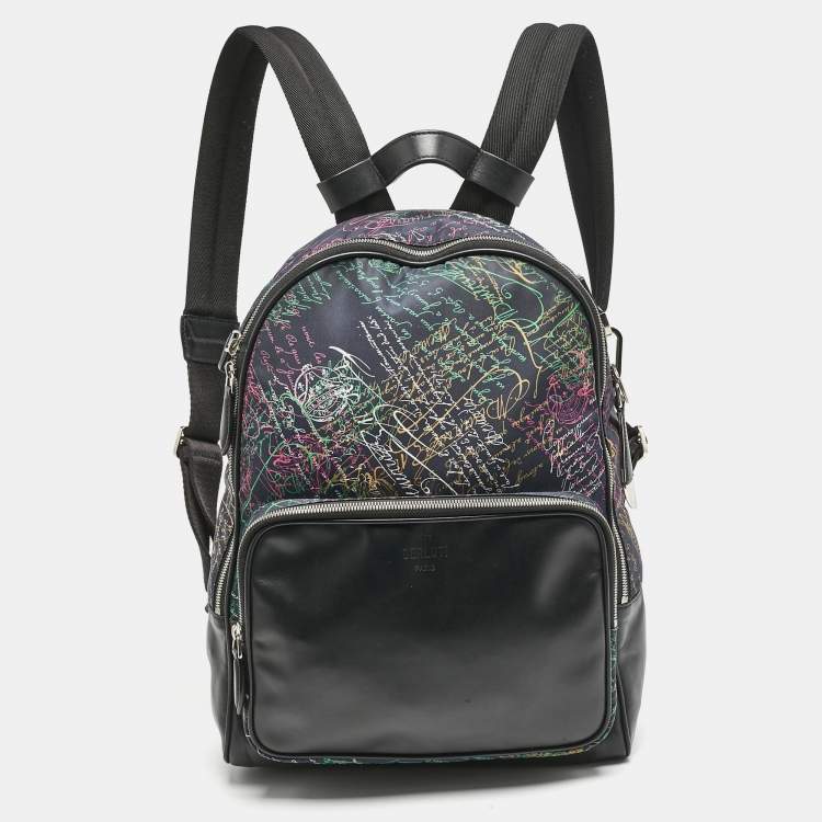 Pre Owned Berluti Black/Multicolor Nylon, Leather and Mesh Printed Backpack