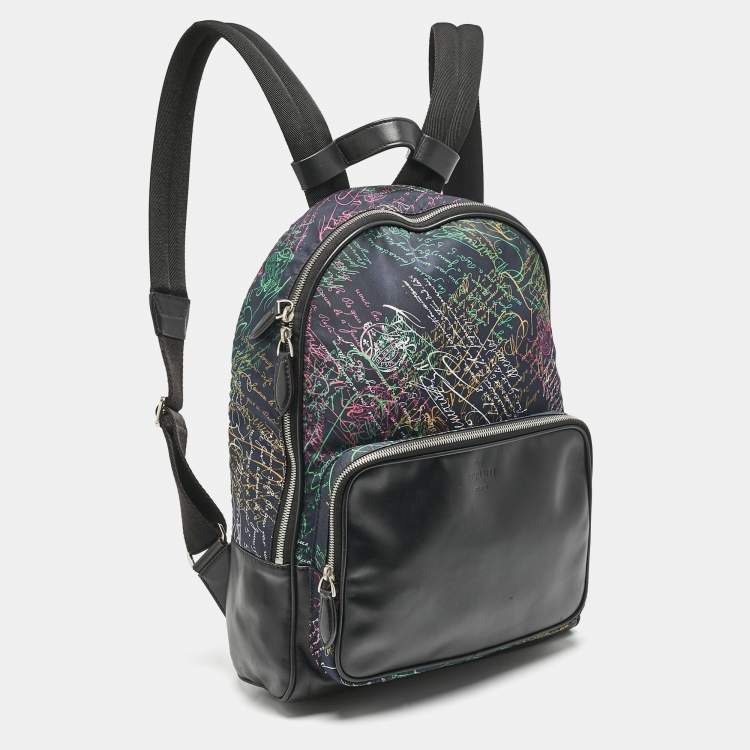 Pre Owned Berluti Black/Multicolor Nylon, Leather and Mesh Printed Backpack