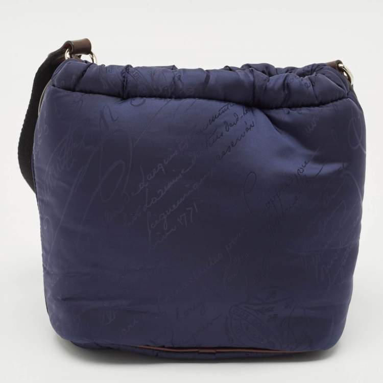 Pre Owned Berluti Navy Blue/Brown Scritto Venezia Nylon and Leather Drawstring Messenger Bag