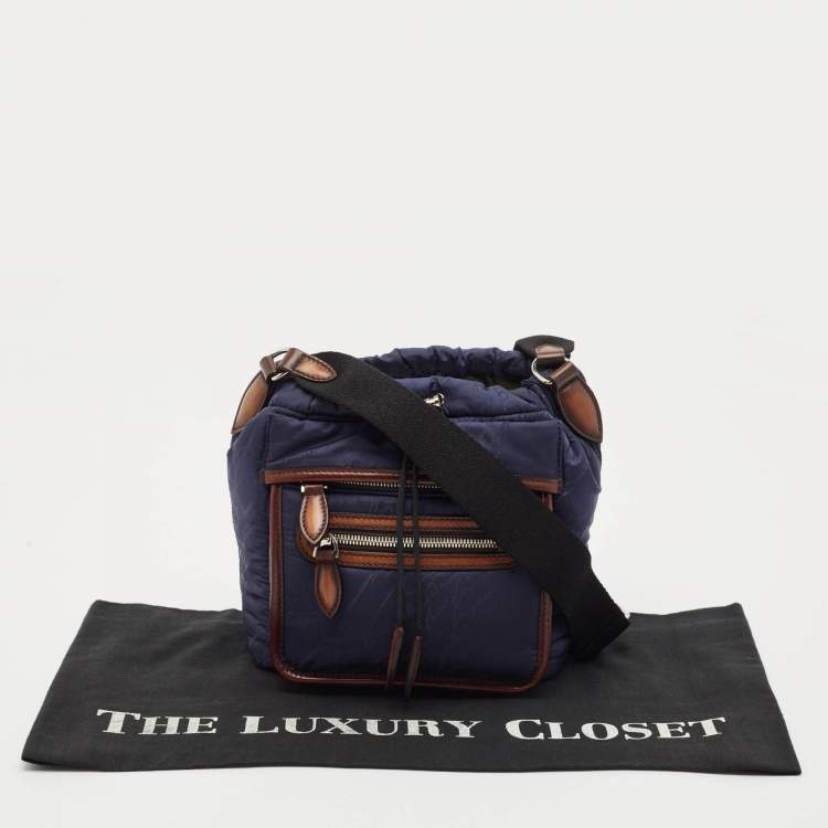 Pre Owned Berluti Navy Blue/Brown Scritto Venezia Nylon and Leather Drawstring Messenger Bag