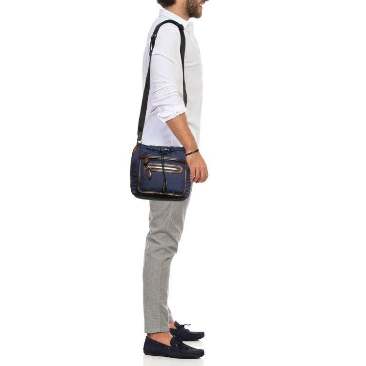 Pre Owned Berluti Navy Blue/Brown Scritto Venezia Nylon and Leather Drawstring Messenger Bag